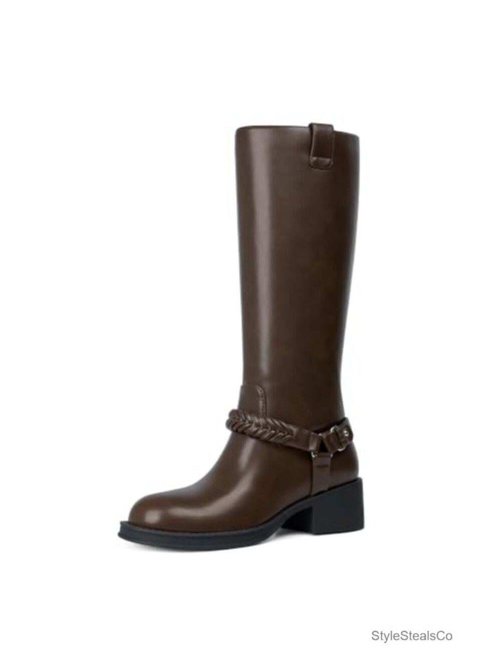 Knee High Boots Chunky Block Heel Braided Strap Slip-On